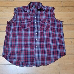 The "MVP" red palid flannel raw edge sleeveless buttondown shirt Men's 3XL